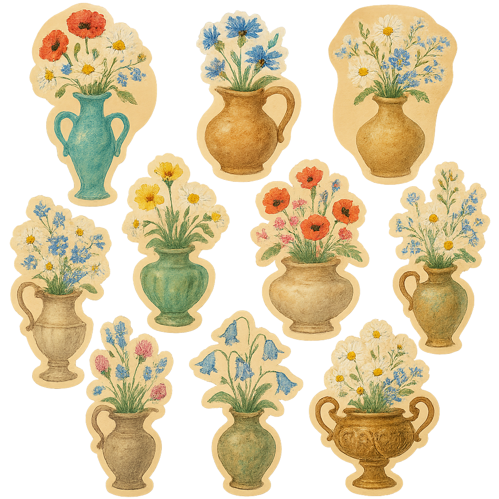 “Vintage Bouquets” Artistic Stickers – Set of 10 floral illustrations